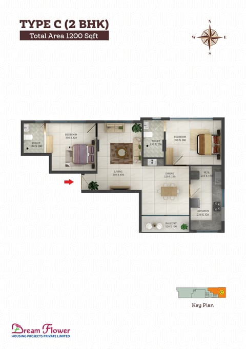 Type C 2 BHK 1200 sqft Floor Plan