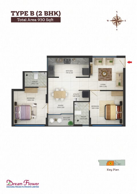 Type B 2 BHK 930 sqft Floor Plan
