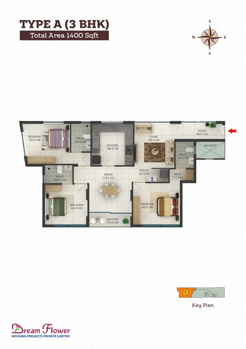 Type A 3 BHK 1400 sqft Floor Plan
