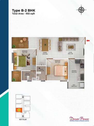 Type B 2 BHK 955 sqft Floor Plan
