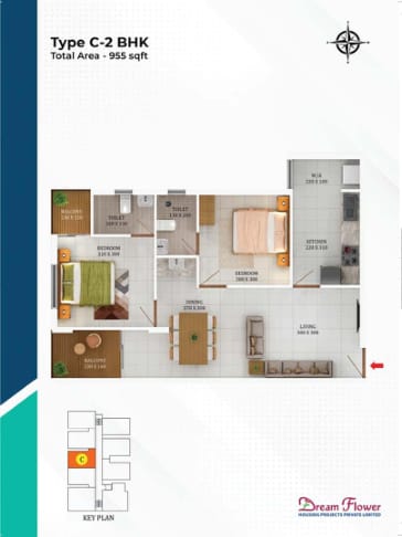 Type C 2 BHK 955 sqft Floor Plan