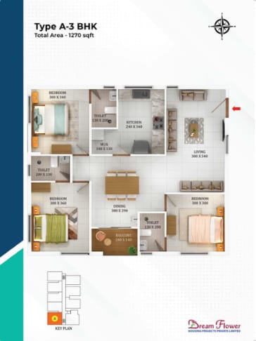 Type A 3 BHK 1270 sqft Floor Plan