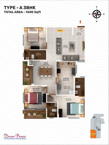 Aurelius Type A 3 BHK 1400 sqft